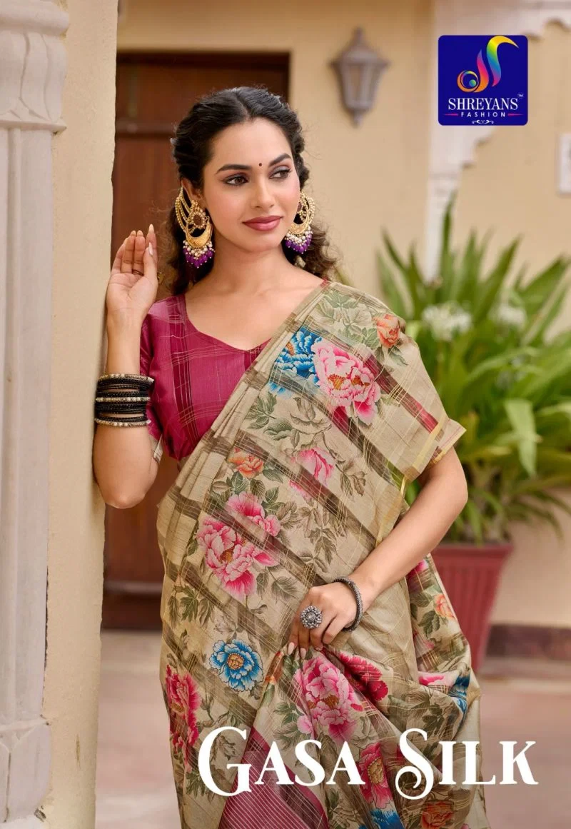 Shreyans Gasa Silk Tusser Silk Printed Saree Collection