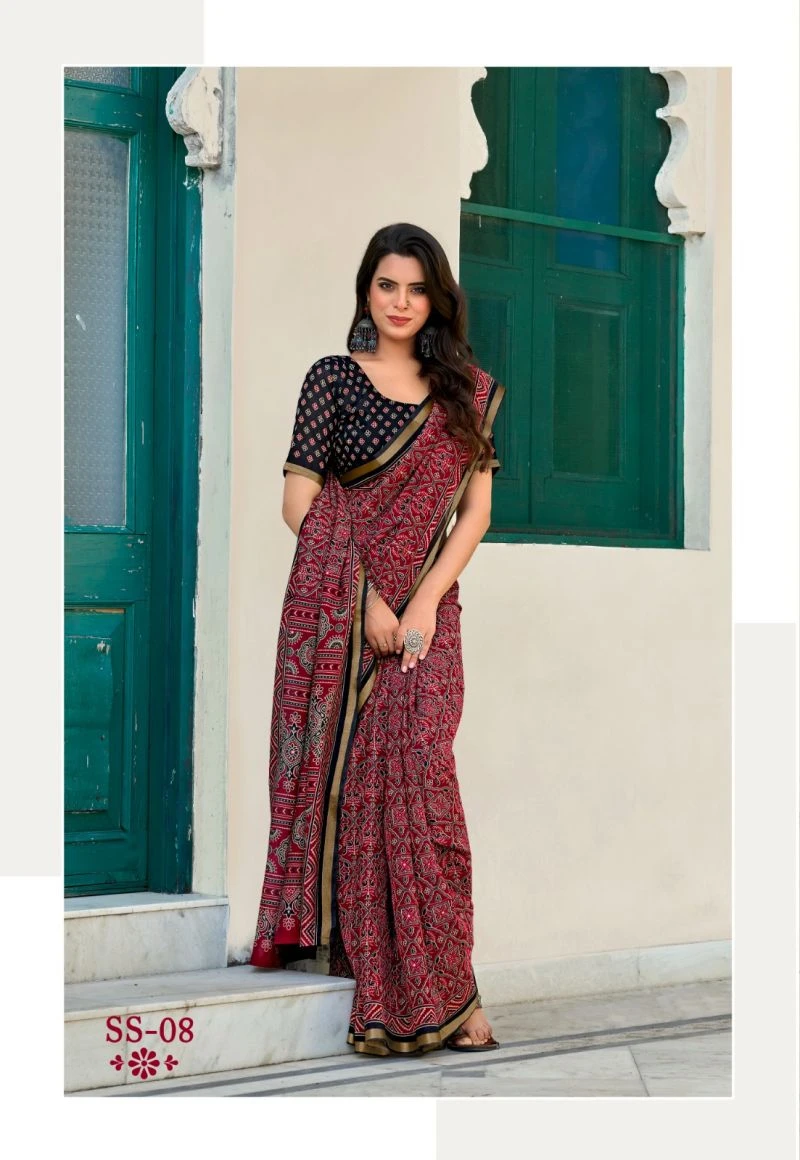 Sinduri Silk Cotton With Mirror Worked Saree Collection 12