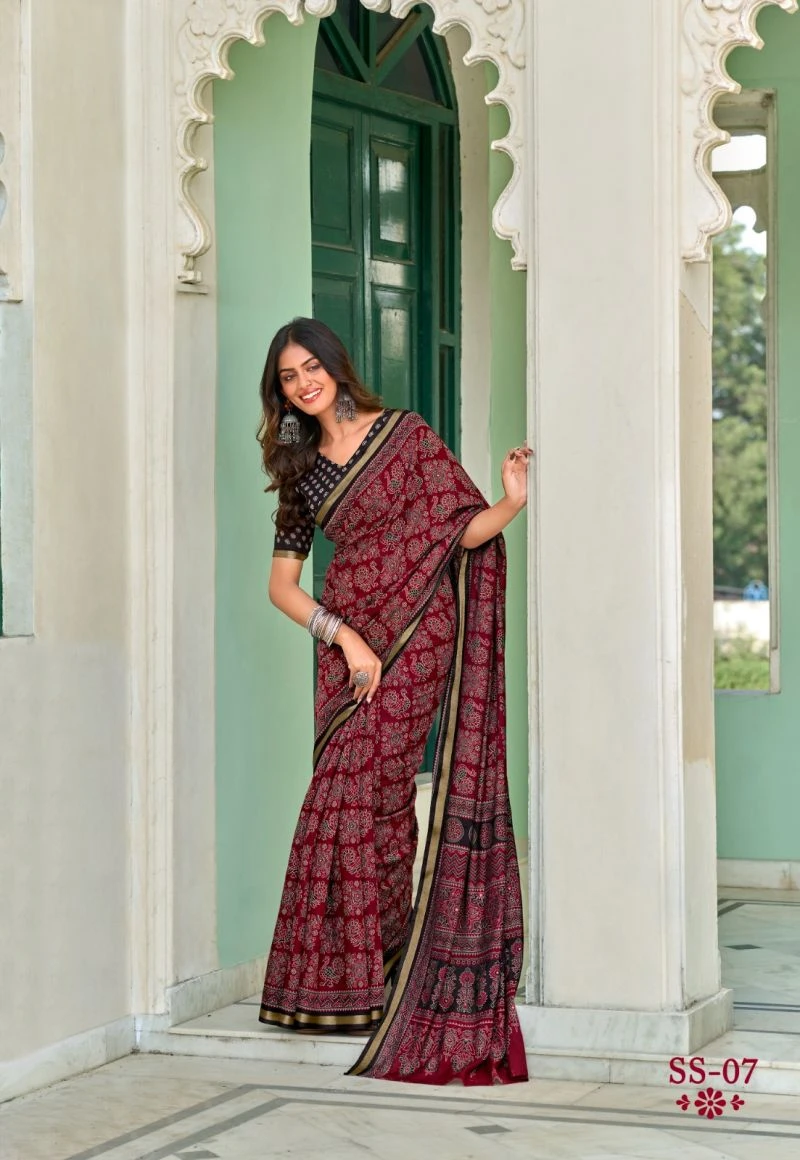 Sinduri Silk Cotton With Mirror Worked Saree Collection 5