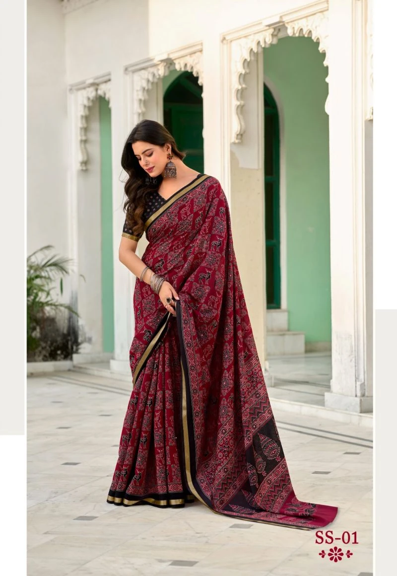 Sinduri Silk Cotton With Mirror Worked Saree Collection 7