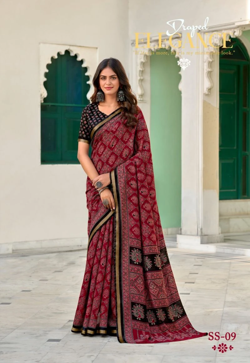 Sinduri Silk Cotton With Mirror Worked Saree Collection 8