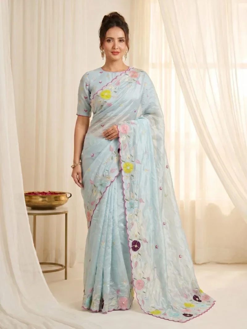 Vibha Bm Glass Tissue With Multi Thread Worked Saree 1