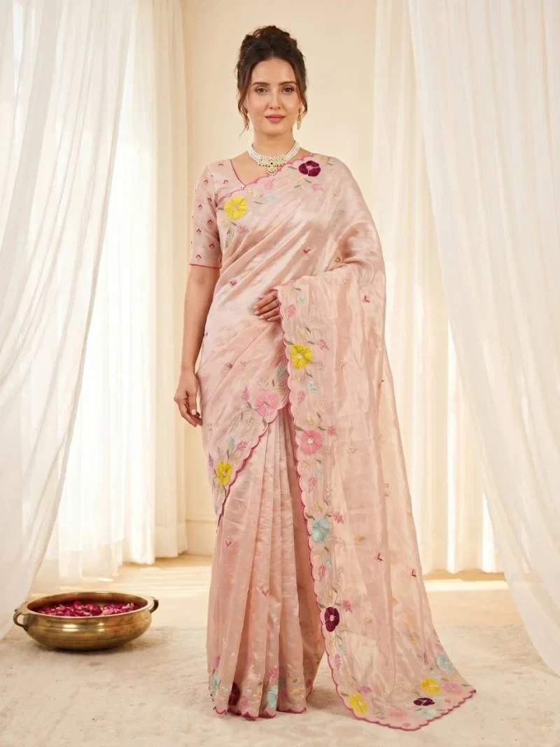 Vibha Bm Glass Tissue With Multi Thread Worked Saree 2