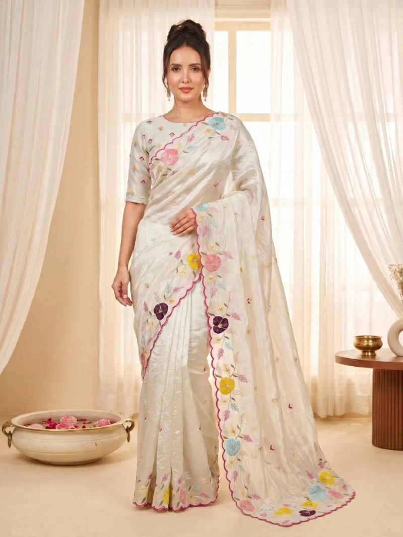 Vibha Bm Glass Tissue With Multi Thread Worked Saree 3