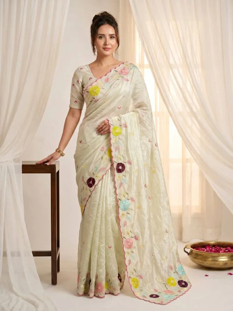 Vibha Bm Glass Tissue With Multi Thread Worked Saree 4