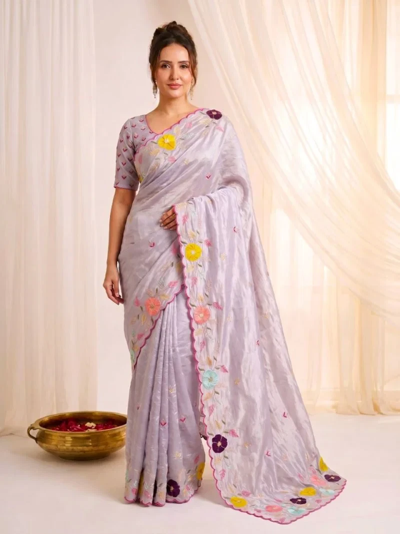 Vibha Bm Glass Tissue With Multi Thread Worked Saree 5