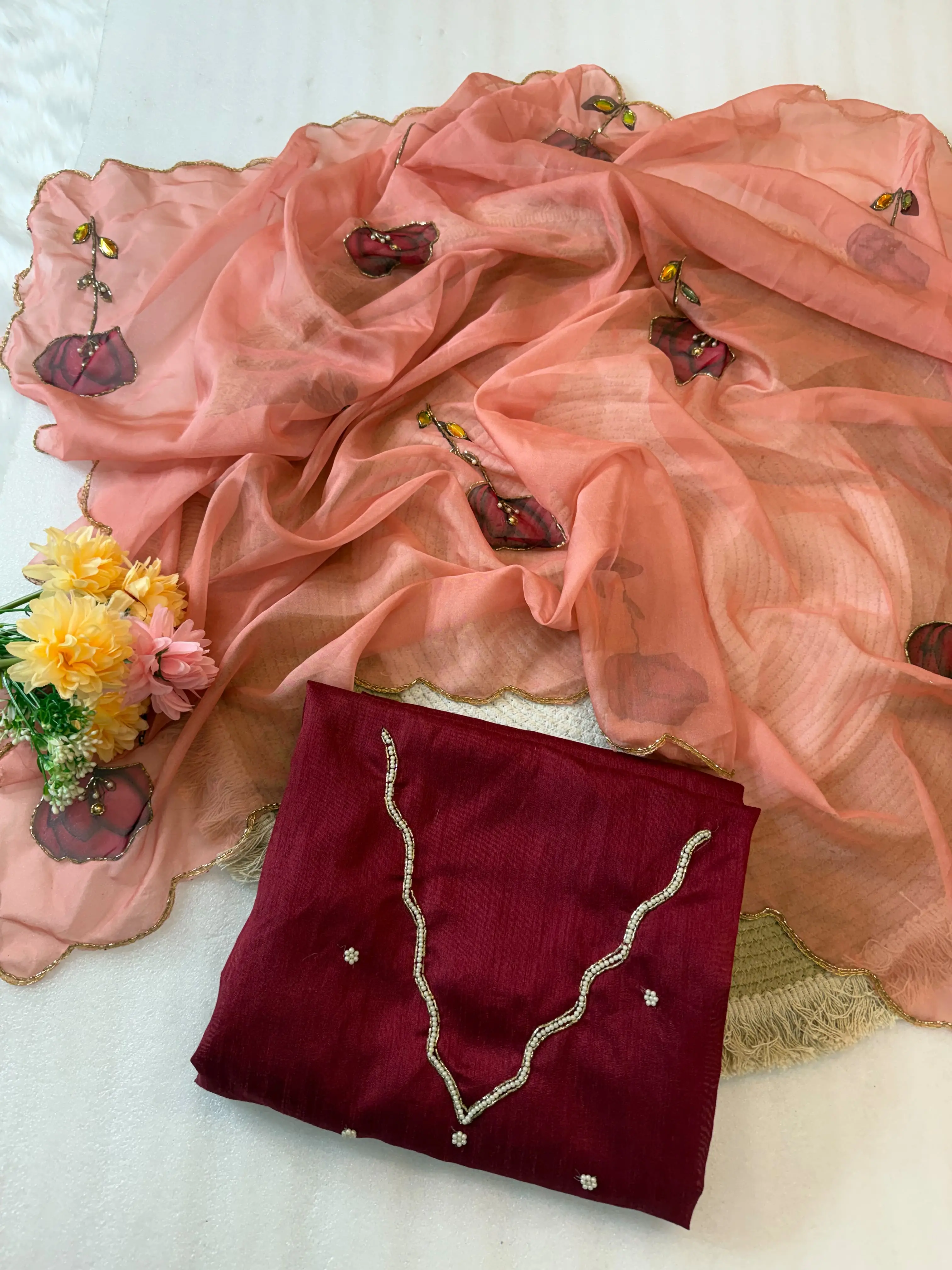 Vinayak Enterprise Soft Tabi Silk Digital Print Saree With Cutdana And Pearl Handwork 4