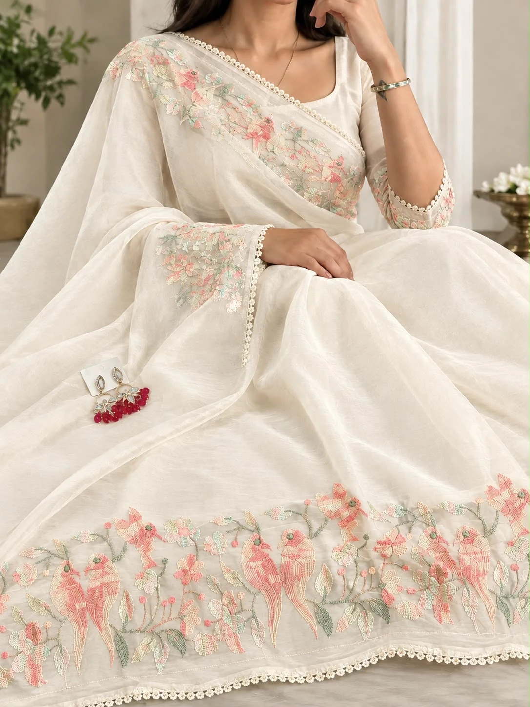 Vinayak Wholesale Pure Soft Organza Saree With Embroidery Thread Work And Cotton Lace Border 2