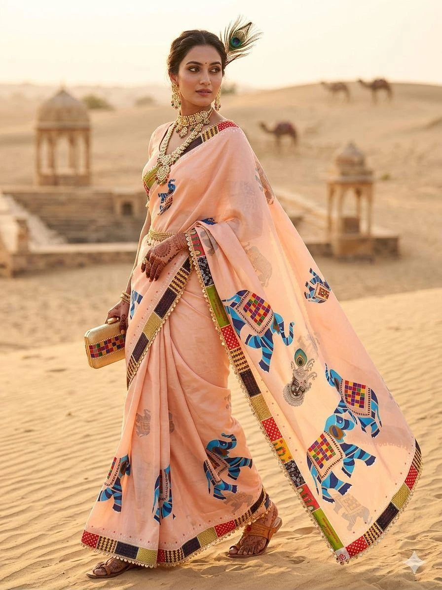Vinayak Wholesale Traditional Gaj Pure Malayi Silk Digital Print Saree With Handwork And Latkan 1