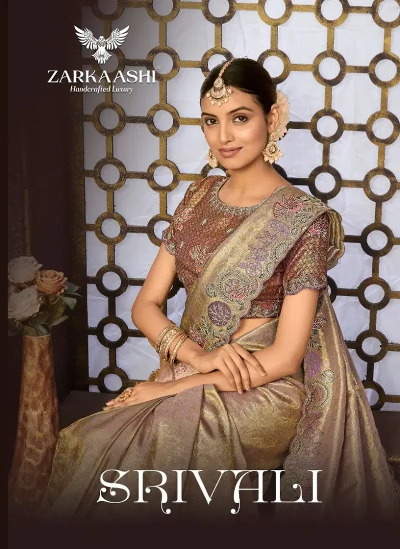 Zarkaashi Srivali Readymade Blouse Tissue Silk Designer Saree Collection