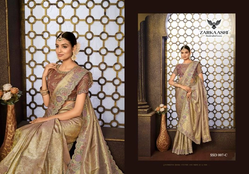 Zarkaashi Srivali Readymade Blouse Tissue Silk Designer Saree Collection 3